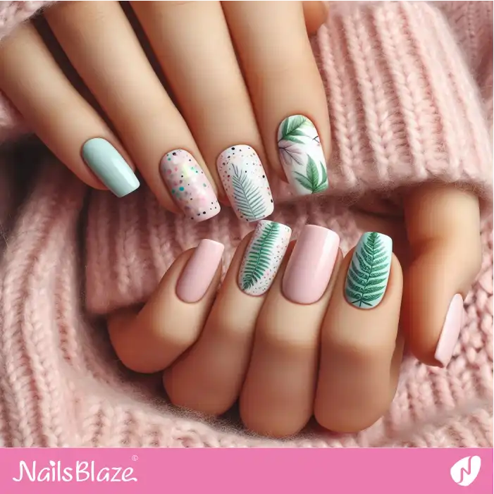 Pink Pastel Nails with Fern Leaves | Nature-inspired Nails - NB1559